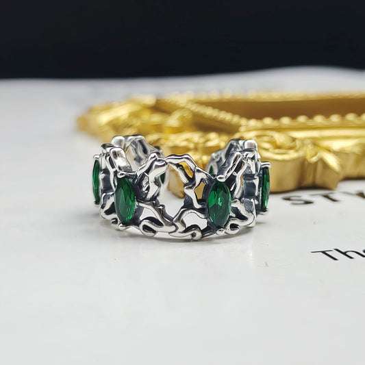 Vintage Green Zircon Sterling Silver Ring Trendy Statement Jewelry for Men and Women