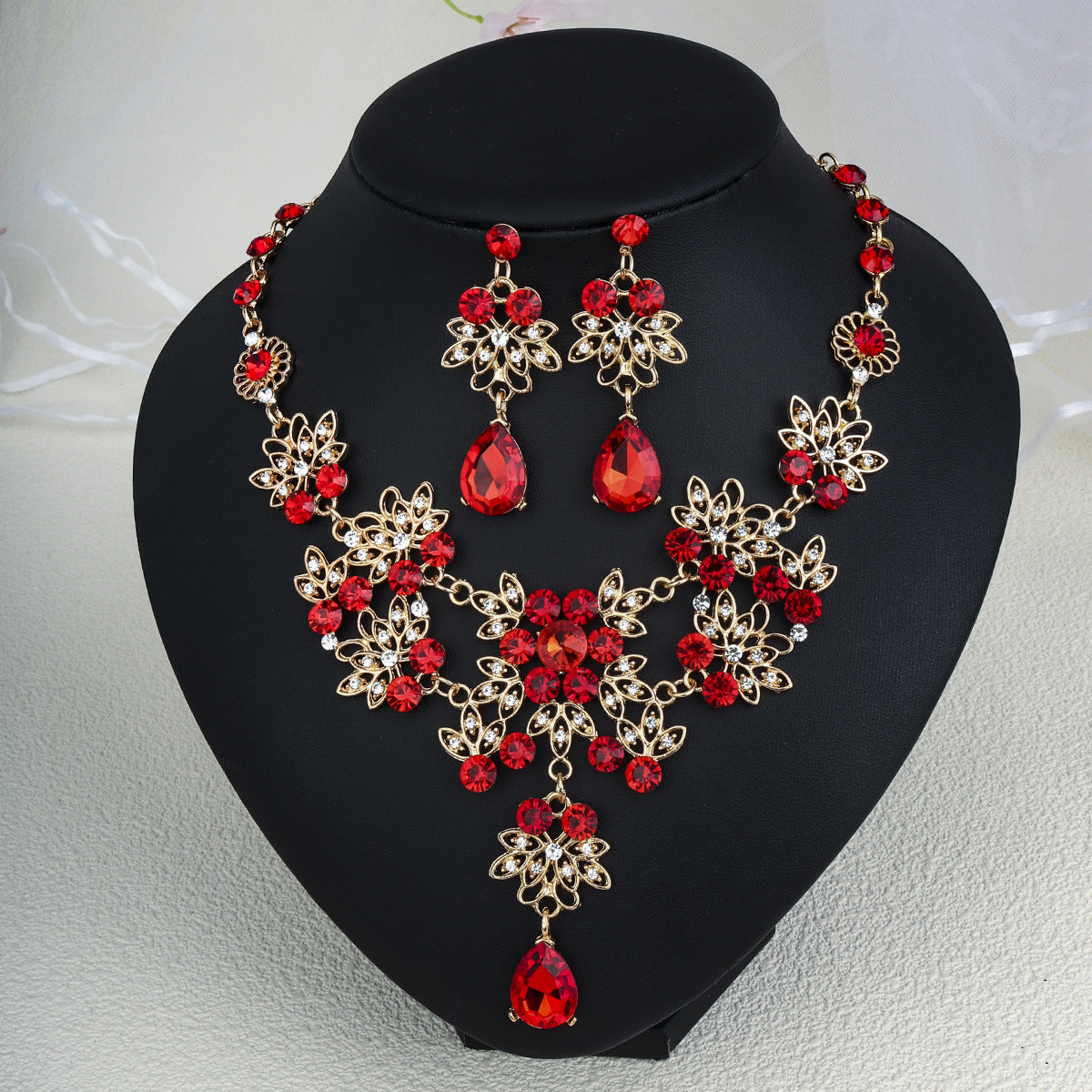 Rhinestone Pearl Earrings And Necklace Set Women