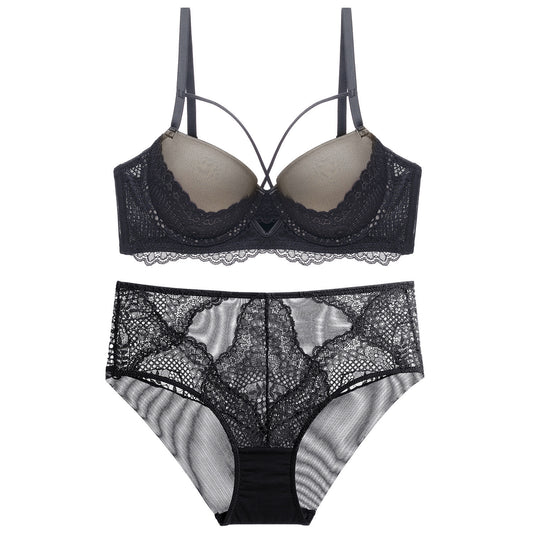 French Lace Splicing Hollow Out Stylish Bra Suit