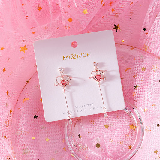 925 Silver Needle Korean Girls Pop Heart Zircon Drop Earrings