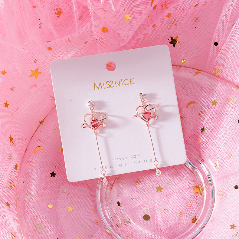 925 Silver Needle Korean Girls Pop Heart Zircon Drop Earrings