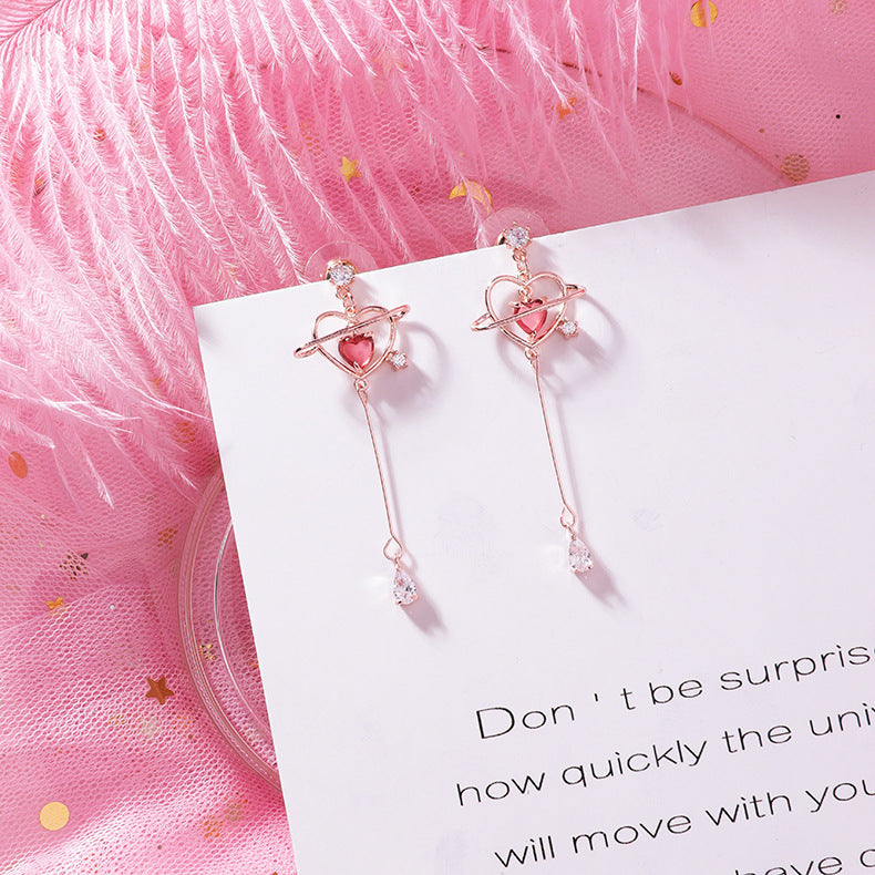 925 Silver Needle Korean Girls Pop Heart Zircon Drop Earrings