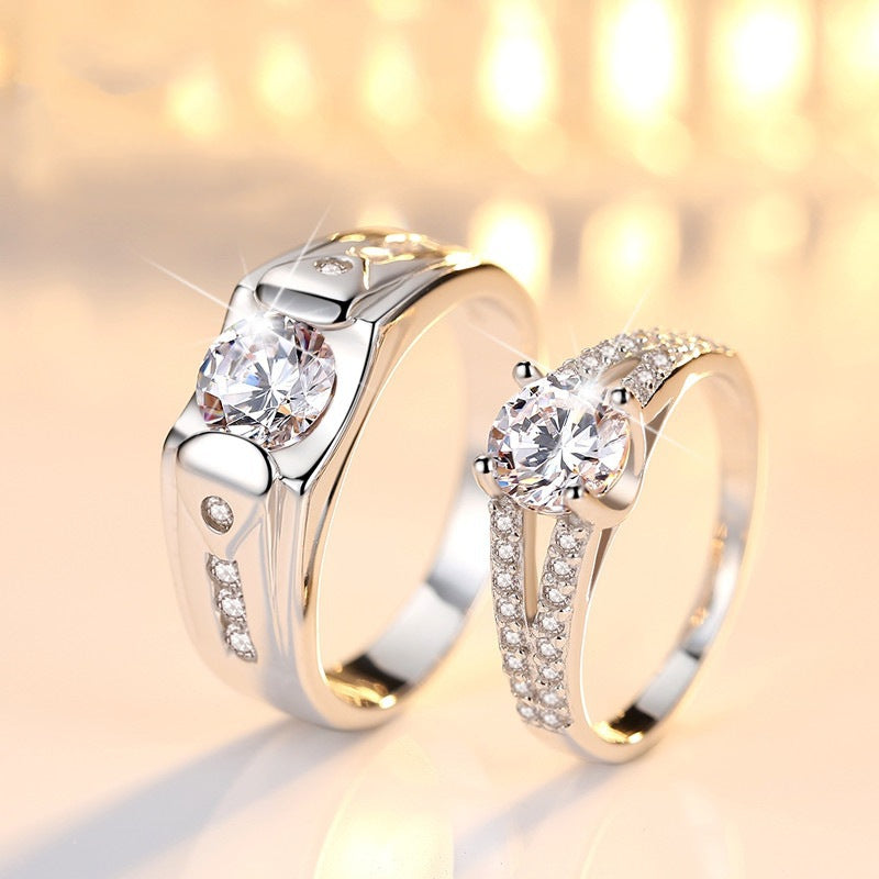 Romantic Diamond Couple Rings Set Silver Plated Matching Rings for Lovers