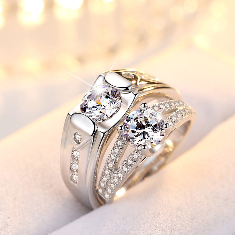 Romantic Diamond Couple Rings Set Silver Plated Matching Rings for Lovers