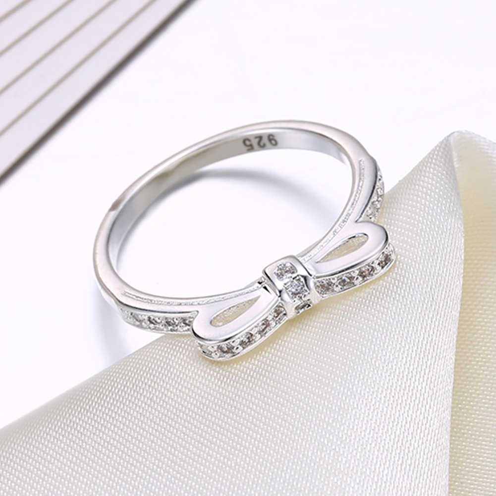 925 Sterling Silver Simple Bowknot Crystal Rings For Women