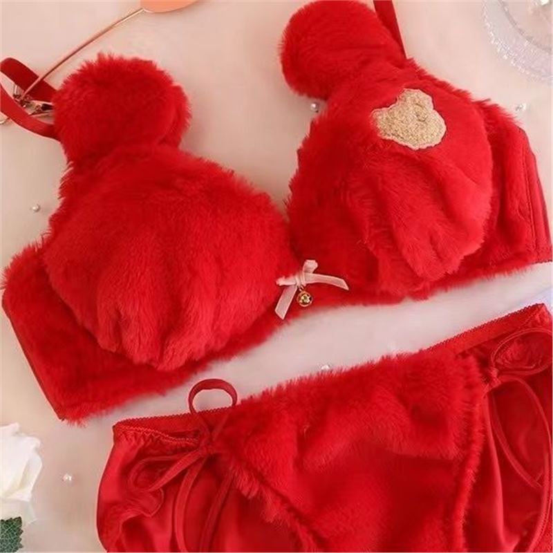 Plush Bow Tie Bra Set Women