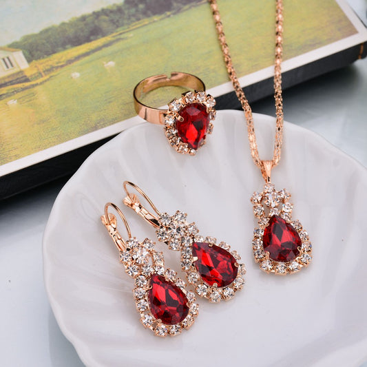 Luxury Red Crystal Necklace Earrings Set Elegant Party Jewelry For Women