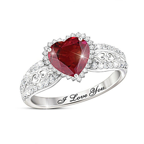 Heart-shaped Red Crystal White Zircon English Alphabet Ring