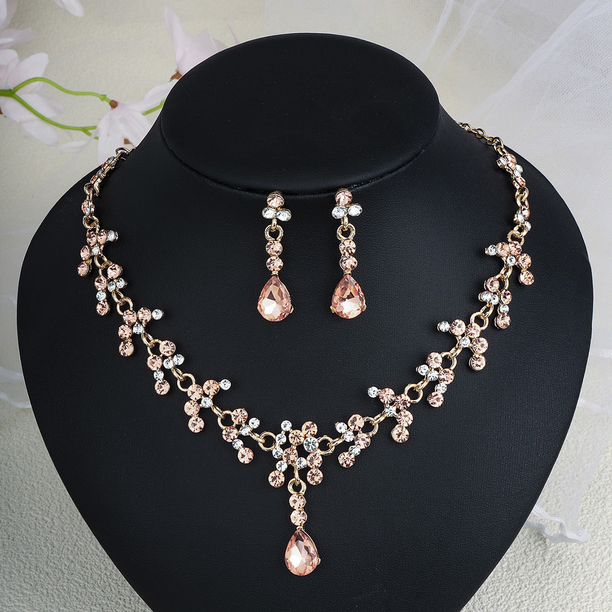 Rhinestone Pearl Earrings And Necklace Set Women