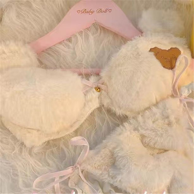 Plush Bow Tie Bra Set Women