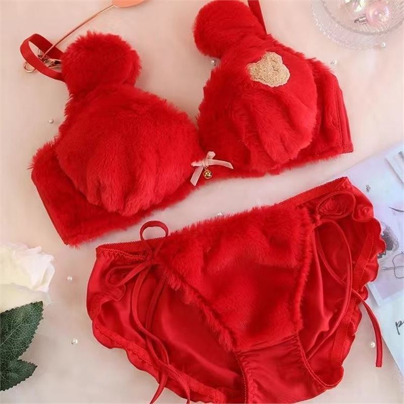 Plush Bow Tie Bra Set Women