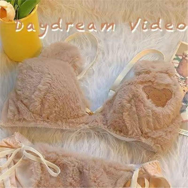Plush Bow Tie Bra Set Women