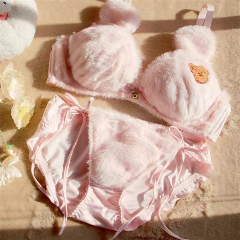 Plush Bow Tie Bra Set Women