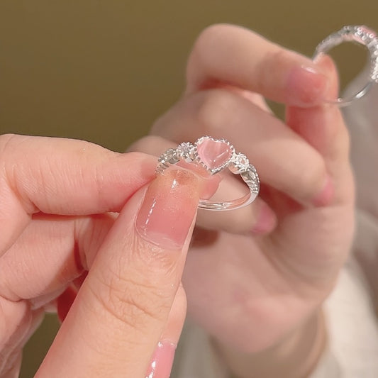 Pink Heart Adjustable Silver Ring