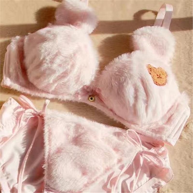 Plush Bow Tie Bra Set Women