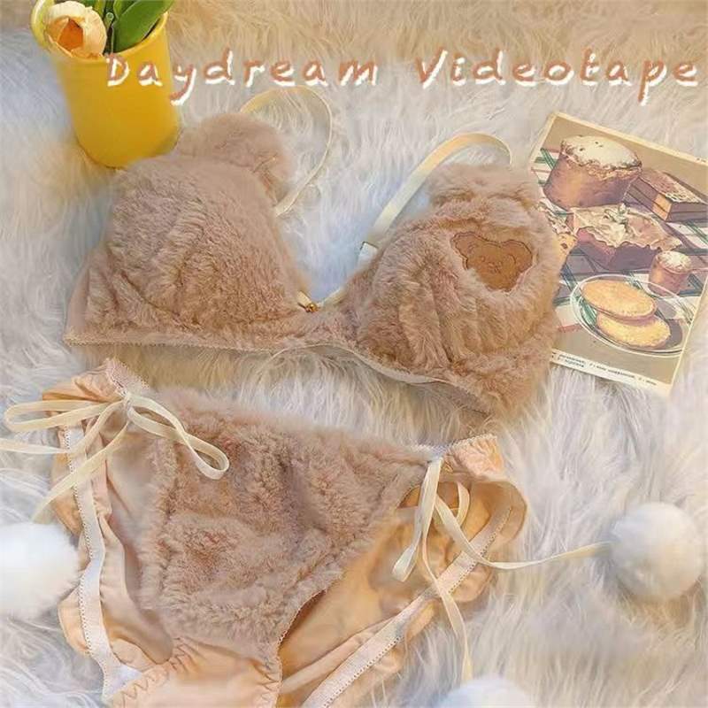 Plush Bow Tie Bra Set Women