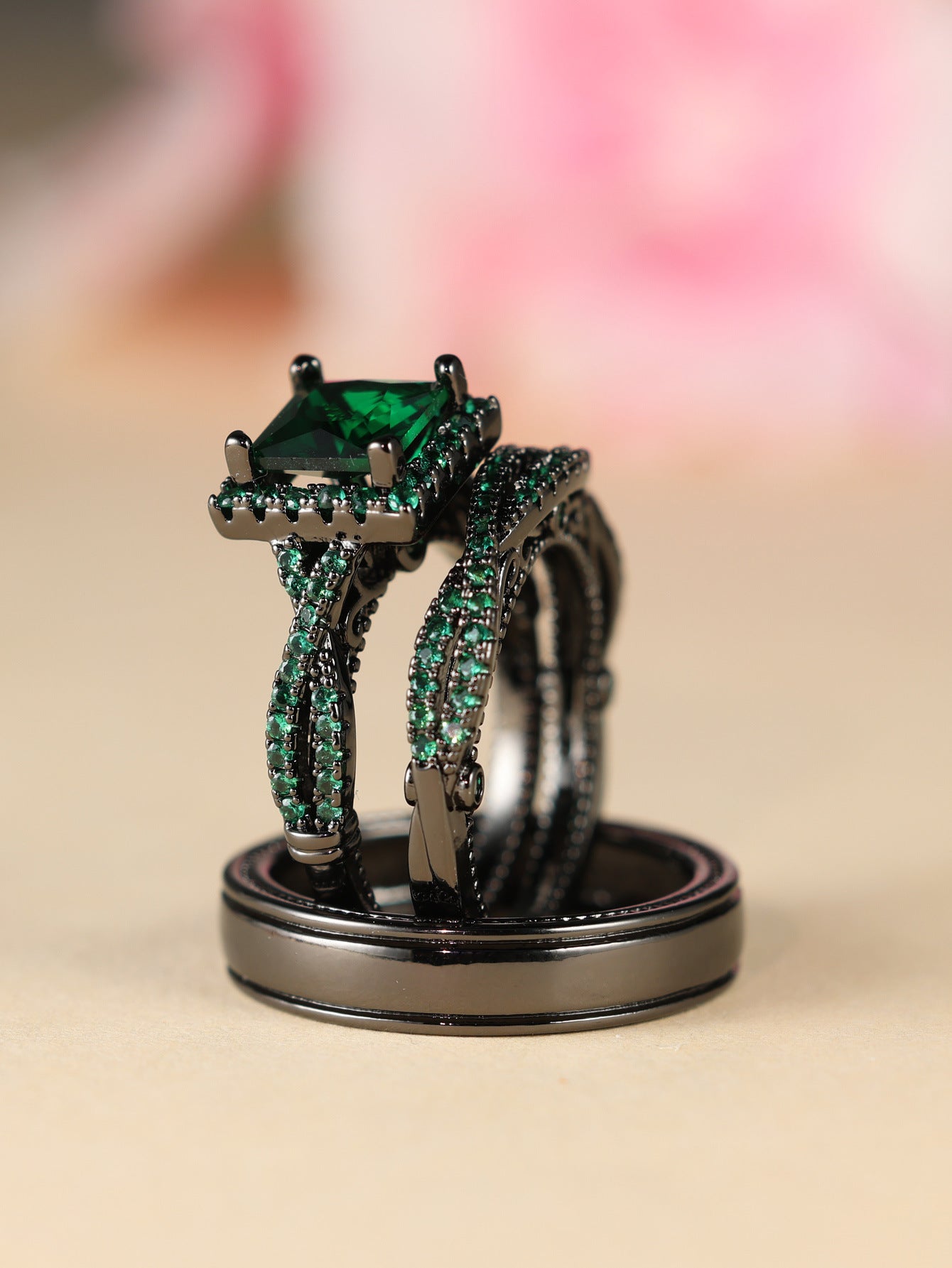 Green Zircon Rose Gold Ring Set