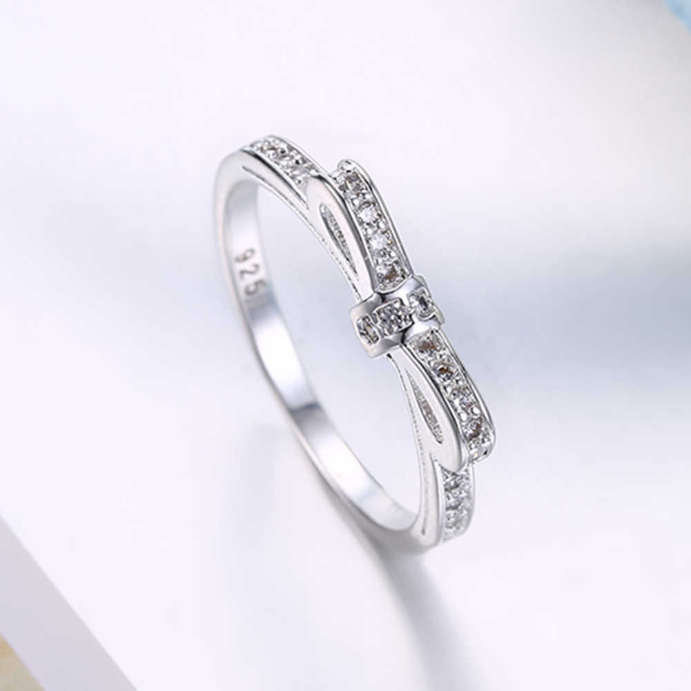 925 Sterling Silver Simple Bowknot Crystal Rings For Women